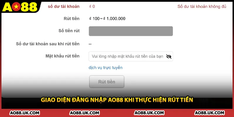 Giao diện đăng nhập AO88 khi thực hiện rút tiền