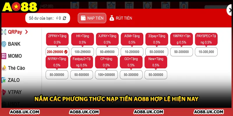 Nắm các phương thức nạp tiền AO88 hợp lệ hiện nay 